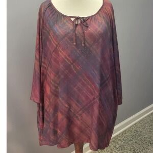 Catherines 4X Plaid Rhinestone Tie Neck Tunic‎ Top Blouse Plus Size